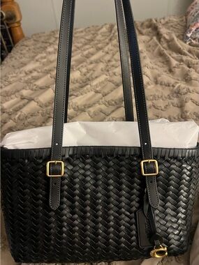 Coach Black Woven Leather swing tote.